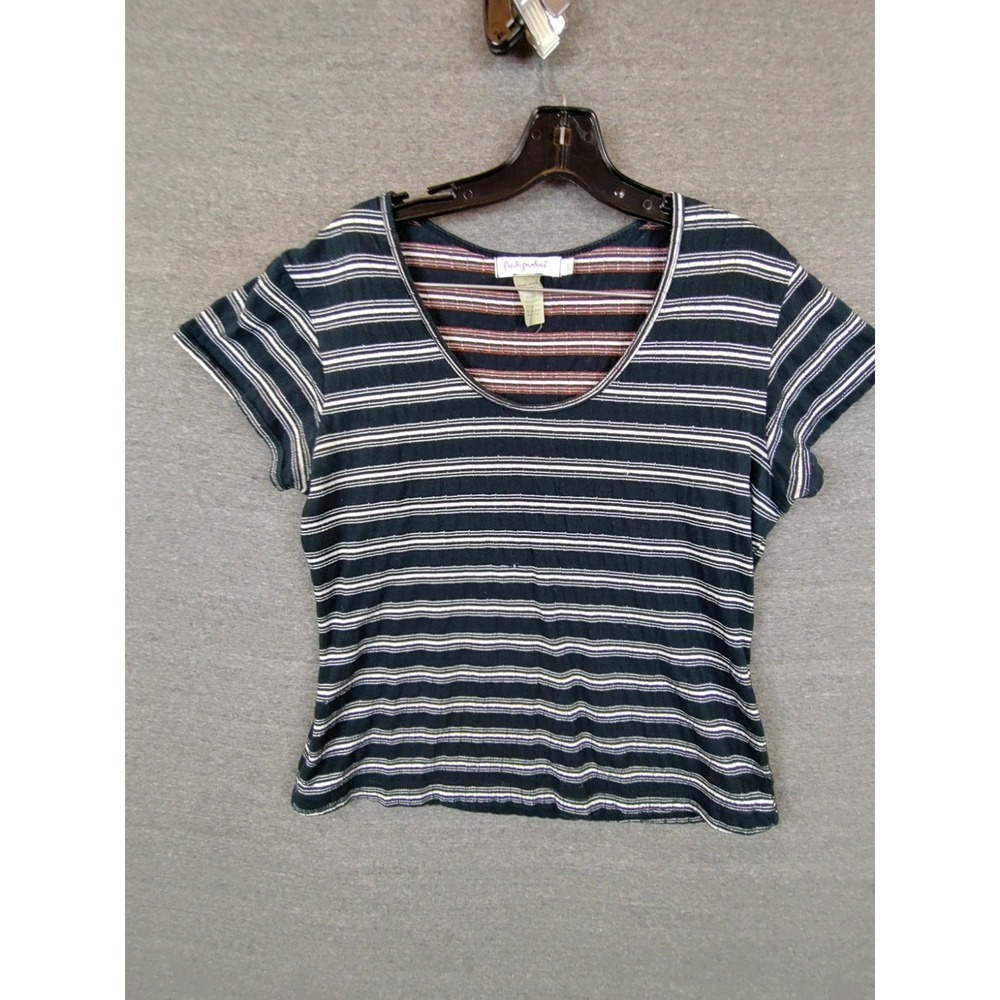 Fresh Produce Womens Shirt Large Blue Metallic Stripe USA VTG Nautical Casual